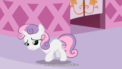 Size: 1248x702 | Tagged: safe, screencap, character:sweetie belle, species:pony, species:unicorn, friendship is witchcraft, sweetie bot, blank flank, female, filly, foal, hooves, horn, neigh soul sister, robot, robot pony, solo, subtitles, teeth, youtube caption