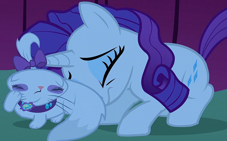 Size: 748x463 | Tagged: safe, screencap, character:opalescence, character:rarity, species:pony, species:unicorn, episode:suited for success, g4, my little pony: friendship is magic, animated, cat, cropped, crouching, cute, eyes closed, female, frown, loop, mare, marshmelodrama, messy mane, opalbetes, open mouth, prone, raised paw, raribetes, scared, shivering, trembling