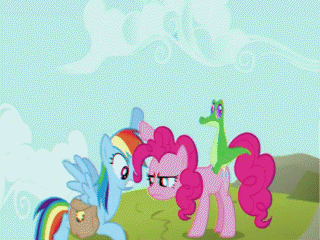 Size: 320x240 | Tagged: safe, screencap, character:applejack, character:pinkie pie, character:rainbow dash, episode:party of one, g4, my little pony: friendship is magic, angry, animated, chase, flying, frown, glare, gritted teeth, hiding, raised hoof, running, spread wings, talking, wide eyes, wings, yelling