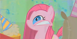 Size: 670x340 | Tagged: safe, screencap, character:pinkamena diane pie, character:pinkie pie, species:earth pony, species:pony, episode:party of one, g4, my little pony: friendship is magic, abstract background, dust bunny, faec, faecamena, female, insanity, madame leflour, mare, sir lintsalot, solo, spasm, twitch, wat