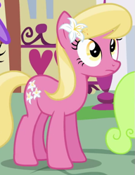 Size: 387x505 | Tagged: safe, screencap, character:lily, character:lily valley, species:earth pony, species:pony, episode:a friend in deed, g4, my little pony: friendship is magic, background pony, cropped, female, flower, flower in hair, frown, lily (flower), mare, solo focus