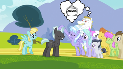 Size: 1366x768 | Tagged: safe, screencap, character:bulk biceps, character:cloudchaser, character:flitter, character:helia, character:mane moon, character:merry may, character:rumble, character:thunderlane, species:pegasus, species:pony, ship:thunderchaser, colt, crescent pony, female, image macro, male, meme, roid rage, shipfic brewing, shipper on deck, shipping, straight, sunflower, warm front