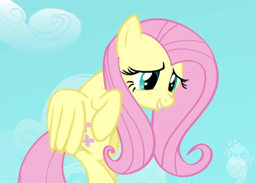Size: 500x358 | Tagged: safe, screencap, character:fluttershy, species:pegasus, species:pony, episode:the return of harmony, g4, my little pony: friendship is magic, animated, cloud, cute, female, flying, hub logo, mare, shyabetes, sky, wings