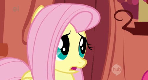 Size: 500x271 | Tagged: safe, screencap, character:fluttershy, species:pegasus, species:pony, animated, eye shimmer, female, folded wings, gif, hub logo, indoors, looking at something, looking away, mare, open mouth, solo, wings