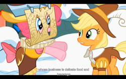 Size: 1024x640 | Tagged: safe, screencap, character:applejack, character:pinkie pie, episode:hearth's warming eve, g4, my little pony: friendship is magic, chancellor puddinghead, map, smart cookie, youtube caption