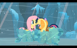 Size: 1024x640 | Tagged: safe, screencap, character:applejack, character:clover the clever, character:fluttershy, character:twilight sparkle, episode:hearth's warming eve, g4, my little pony: friendship is magic, appletwishy, private pansy, smart cookie, youtube caption