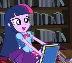 Size: 400x350 | Tagged: safe, screencap, character:twilight sparkle, equestria girls:equestria girls, g4, my little pony:equestria girls, book, cute, excited, happy, solo, that pony sure does love books, twiabetes, twilight fuel, yearbook