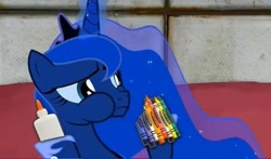 Size: 594x349 | Tagged: safe, artist:2snacks, screencap, character:princess luna, cannibalism, crayon, crayons, cute, eating, glue, portal (valve), portal 2, ralph wiggum, solo, the simpsons, two best sisters play