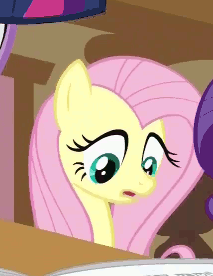 Size: 428x556 | Tagged: safe, screencap, character:fluttershy, character:rarity, character:twilight sparkle, episode:ponyville confidential, g4, my little pony: friendship is magic, animated, cropped, floppy ears, offscreen character, reaction image, shrinking, solo focus