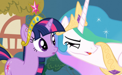 Size: 1159x708 | Tagged: safe, screencap, character:princess celestia, character:twilight sparkle, species:alicorn, species:pony, species:unicorn, big crown thingy, element of magic, female, jewelry, mare, out of context, regalia