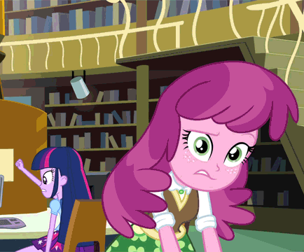 Size: 434x360 | Tagged: safe, screencap, character:cheerilee, character:twilight sparkle, equestria girls:equestria girls, g4, my little pony:equestria girls, animated, annoyed, forced smile, gif, smiling