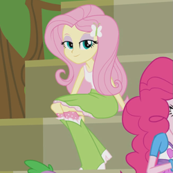 Size: 647x646 | Tagged: safe, screencap, character:fluttershy, equestria girls:equestria girls, g4, my little pony:equestria girls, bedroom eyes, bleachers, boots, bracelet, cropped, high heel boots, jewelry