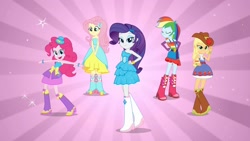Size: 1920x1080 | Tagged: safe, screencap, character:applejack, character:fluttershy, character:pinkie pie, character:rainbow dash, character:rarity, equestria girls:equestria girls, g4, my little pony:equestria girls, bare shoulders, boots, cowboy boots, fall formal outfits, high heel boots, humane five, sleeveless, strapless