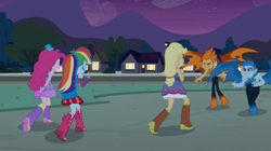 Size: 1023x574 | Tagged: safe, screencap, character:applejack, character:pinkie pie, character:rainbow dash, character:snails, character:snips, equestria girls:equestria girls, g4, my little pony:equestria girls, bare shoulders, boots, bracelet, clothing, cowboy boots, demon, fall formal outfits, hat, high heel boots, jewelry, sleeveless, strapless, the fools, top hat