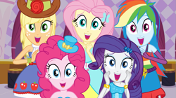 Size: 1023x573 | Tagged: safe, screencap, character:applejack, character:fluttershy, character:pinkie pie, character:rainbow dash, character:rarity, equestria girls:equestria girls, g4, my little pony:equestria girls, bare shoulders, bracelet, carousel boutique, clothing, fall formal outfits, female, hat, humane five, humane five's encounter, jewelry, sleeveless, strapless, this is our big night, top hat