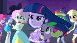 Size: 1023x572 | Tagged: safe, screencap, character:applejack, character:fluttershy, character:pinkie pie, character:rainbow dash, character:rarity, character:spike, character:twilight sparkle, species:dog, equestria girls:equestria girls, g4, my little pony:equestria girls, bare shoulders, fall formal outfits, hatless, mane seven, mane six, missing accessory, sleeveless, spike the dog, strapless