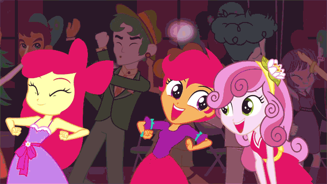 Size: 640x360 | Tagged: safe, screencap, character:apple bloom, character:captain planet, character:curly winds, character:mystery mint, character:rainbow dash, character:scootaloo, character:scott green, character:scribble dee, character:sweetie belle, species:pegasus, species:pony, equestria girls:equestria girls, g4, my little pony:equestria girls, adorabloom, animated, apple bloom's bow, background human, balloon, bow, curly winds, cute, cutealoo, cutie mark crusaders, dancing, diasweetes, disco ball, flying, gif, hair bow, happy, rose heart, scootalove, scott green, some blue guy, sweet leaf, teddy t. touchdown, tennis match, this is our big night