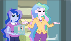 Size: 1250x728 | Tagged: safe, screencap, character:princess celestia, character:princess luna, character:principal celestia, character:vice principal luna, equestria girls:equestria girls, g4, my little pony:equestria girls, clothing, cutie mark, cutie mark accessory, cutie mark on clothes, lidded eyes, smiling, vice principal luna