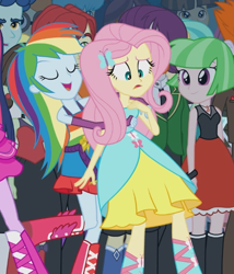 Size: 535x624 | Tagged: safe, screencap, character:drama letter, character:fluttershy, character:indigo wreath, character:rainbow dash, character:watermelody, equestria girls:equestria girls, g4, my little pony:equestria girls, background human, bare shoulders, boots, fall formal, fall formal outfits, high heel boots, indigo wreath, out of context, rainbow, sleeveless, strapless, tennis match