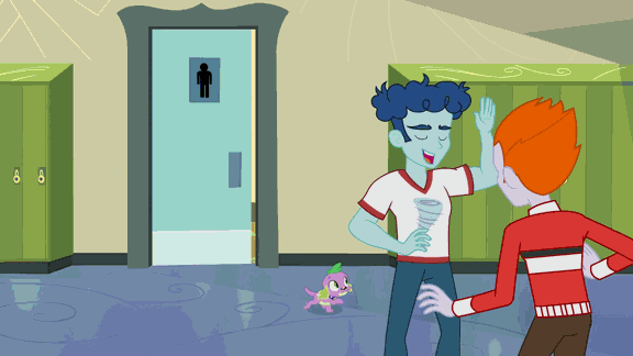 Size: 576x324 | Tagged: safe, screencap, character:curly winds, character:heath burns, character:scribble dee, character:spike, character:twilight sparkle, species:dog, equestria girls:equestria girls, g4, my little pony:equestria girls, animated, background human, bathroom, curly winds, heath burns, some blue guy, spike the dog, this strange world