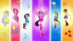Size: 1920x1080 | Tagged: safe, screencap, character:applejack, character:fluttershy, character:pinkie pie, character:rainbow dash, character:rarity, character:twilight sparkle, equestria girls:equestria girls, g4, my little pony:equestria girls, apple, balloon, bare shoulders, boots, element of generosity, element of honesty, element of kindness, element of laughter, element of loyalty, element of magic, elements of harmony, fall formal outfits, food, harmonic transformation, high heel boots, mane six, ponied up, ponytail, rainbow, sleeveless, strapless, wings