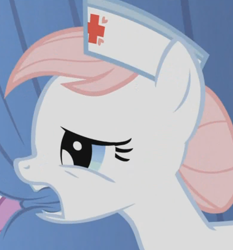 Size: 522x561 | Tagged: safe, screencap, character:nurse redheart, episode:applebuck season, g4, my little pony: friendship is magic, mouth hold, solo