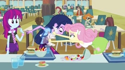 Size: 1280x720 | Tagged: safe, screencap, character:fluttershy, character:normal norman, character:photo finish, character:twilight sparkle, equestria girls:equestria girls, g4, my little pony:equestria girls, burger, food, fruit salad, hamburger, jello, napkin, salad, spill, water