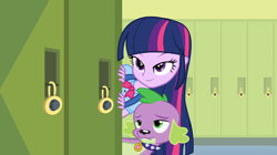 Size: 1226x686 | Tagged: safe, screencap, character:spike, character:twilight sparkle, species:dog, equestria girls:equestria girls, g4, my little pony:equestria girls, duo, peeping twilight, reaction image, spike the dog