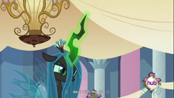 Size: 1366x768 | Tagged: safe, screencap, character:queen chrysalis, species:changeling, changeling queen, female, flu, youtube caption, youtube link