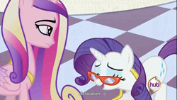 Size: 1366x768 | Tagged: safe, screencap, character:princess cadance, character:rarity, hub logo, measuring tape, rarity's glasses, youtube caption, youtube link