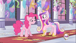 Size: 1366x768 | Tagged: safe, screencap, character:pinkie pie, character:princess cadance, date, hub logo, youtube caption, youtube link