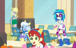Size: 327x208 | Tagged: safe, screencap, character:derpy hooves, character:dj pon-3, character:nolan north, character:trixie, character:vinyl scratch, equestria girls:equestria girls, g4, my little pony:equestria girls, background human, nolan north
