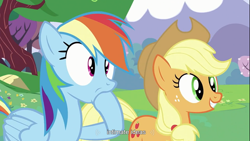 Size: 1366x768 | Tagged: safe, screencap, character:applejack, character:rainbow dash, youtube caption, youtube link