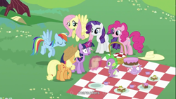 Size: 1366x768 | Tagged: safe, screencap, character:applejack, character:fluttershy, character:pinkie pie, character:rainbow dash, character:rarity, character:spike, character:twilight sparkle, episode:a canterlot wedding, g4, my little pony: friendship is magic, picnic, youtube caption, youtube link