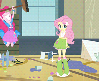 Size: 329x270 | Tagged: safe, screencap, character:fluttershy, character:pinkie pie, equestria girls:equestria girls, g4, my little pony:equestria girls, animated, balloon, boots, broom, clothing, gif, high heel boots, jumping, skirt, socks, time to come together