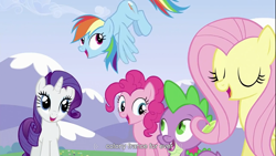 Size: 1366x768 | Tagged: safe, screencap, character:fluttershy, character:pinkie pie, character:rainbow dash, character:rarity, youtube caption, youtube link