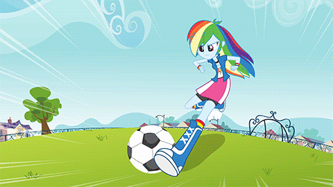 Size: 480x270 | Tagged: safe, screencap, character:rainbow dash, equestria girls:equestria girls, g4, my little pony:equestria girls, animated, ball, boots, clothing, compression shorts, female, football, kicking, shoes, skirt, soccer field, solo, turnaround