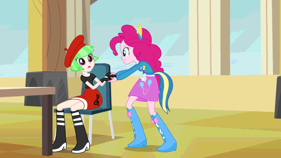 Size: 576x324 | Tagged: safe, screencap, character:drama letter, character:pinkie pie, character:watermelody, equestria girls:equestria girls, g4, my little pony:equestria girls, animated, background human, balloon, boots, clothing, helping twilight win the crown, high heel boots, raised leg, skirt
