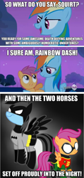 Size: 624x1310 | Tagged: safe, screencap, character:rainbow dash, character:scootaloo, species:pegasus, species:pony, episode:sleepless in ponyville, g4, my little pony: friendship is magic, batman, batmare, comic, crossover, duo, hub logo, image macro, parody, robin