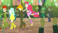 Size: 1920x1080 | Tagged: safe, screencap, character:diamond tiara, character:mystery mint, character:paisley, character:pinkie pie, character:scott green, character:silver spoon, equestria girls:equestria girls, g4, my little pony:equestria girls, background human, balloon, bare shoulders, boots, clothing, crimson napalm, ear piercing, earring, eyes closed, fall formal, fall formal outfits, hat, high heel boots, jumping, noisemaker, piercing, raised leg, rose heart, scott green, sleeveless, sparkles, strapless, teddy t. touchdown, tennis match, this is our big night, top hat, valhallen