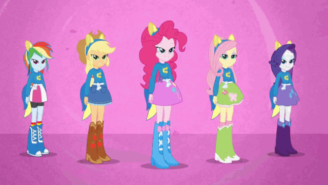 Size: 640x360 | Tagged: safe, artist:fangz17, screencap, character:applejack, character:fluttershy, character:pinkie pie, character:rainbow dash, character:rarity, equestria girls:equestria girls, g4, my little pony:equestria girls, animated, clothing, dancing, fake ears, helping twilight win the crown, humane five, looking at you, pony ears, wondercolts, wondercolts uniform