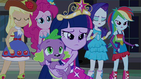 Size: 576x324 | Tagged: safe, screencap, character:applejack, character:pinkie pie, character:rainbow dash, character:rarity, character:spike, character:twilight sparkle, species:dog, equestria girls:equestria girls, g4, my little pony:equestria girls, animated, bare shoulders, big crown thingy, boots, bracelet, clothing, crown, element of magic, fall formal outfits, gasp, gif, hat, high heel boots, jewelry, regalia, sleeveless, spike the dog, strapless, top hat