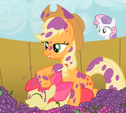 Size: 689x617 | Tagged: safe, screencap, character:apple bloom, character:applejack, character:sweetie belle, species:earth pony, species:pony, species:unicorn, episode:sisterhooves social, g4, my little pony: friendship is magic, cropped, eyes closed, female, filly, mare, messy, out of context, tickling, working