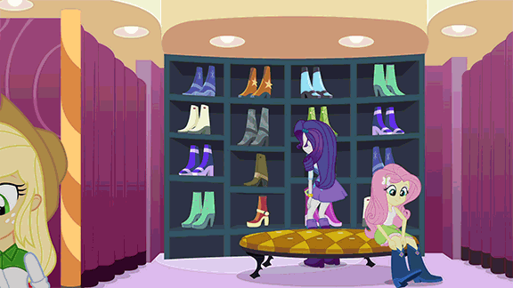 Size: 576x324 | Tagged: safe, screencap, character:applejack, character:fluttershy, character:rarity, character:spike, character:twilight sparkle, character:twilight sparkle (alicorn), species:alicorn, species:dog, species:pony, equestria girls:equestria girls, g4, my little pony:equestria girls, animated, boots, bracelet, carousel boutique, clothing, gif, high heel boots, jewelry, skirt, spike the dog
