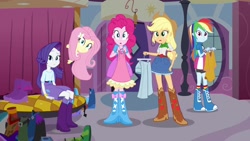 Size: 1920x1080 | Tagged: safe, screencap, character:applejack, character:fluttershy, character:pinkie pie, character:rainbow dash, character:rarity, equestria girls:equestria girls, g4, my little pony:equestria girls, balloon, bell, boots, bracelet, carousel boutique, changing room, clothing, cowboy boots, door, dress, high heel boots, humane five, jewelry, looking at you, mane five, socks, wristband