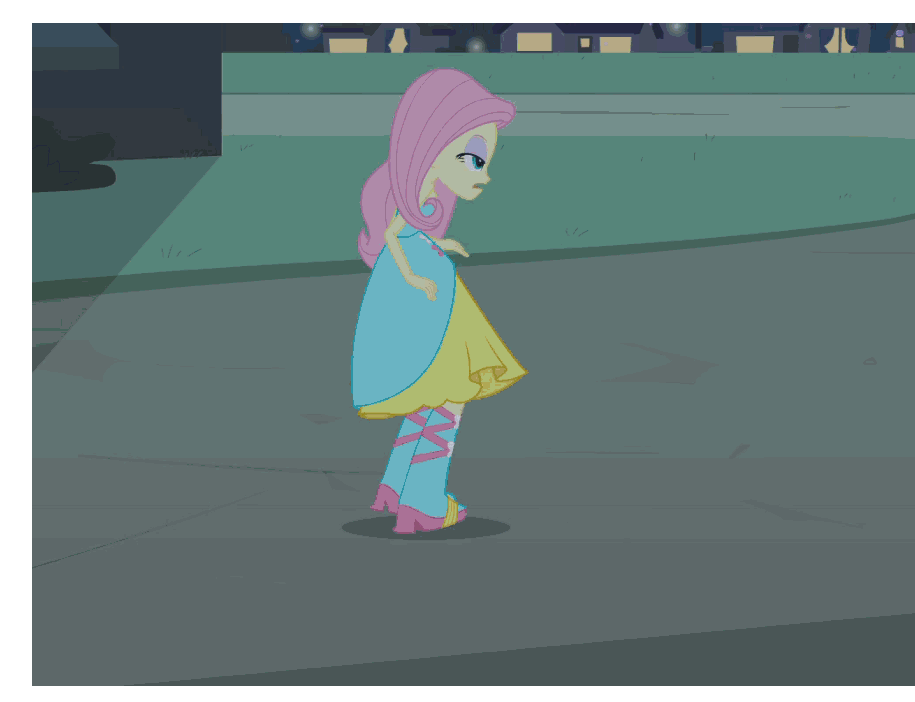 Size: 915x702 | Tagged: safe, screencap, character:fluttershy, equestria girls:equestria girls, g4, my little pony:equestria girls, :o, animated, big crown thingy, clothing, dress, eyes closed, eyeshadow, flutterbuse, frown, gif, gritted teeth, looking at something, makeup, mismatched eyes, open mouth, scared, sitting, skirt, throwing things at fluttershy, time to come together, wide eyes