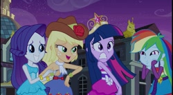 Size: 1157x640 | Tagged: safe, screencap, character:applejack, character:rainbow dash, character:rarity, character:twilight sparkle, my little pony:equestria girls, bare shoulders, clothing, dashface, dress, fall formal outfits, sleeveless, strapless