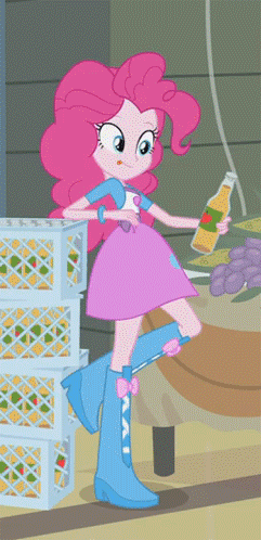 Size: 241x498 | Tagged: safe, screencap, character:pinkie pie, equestria girls:equestria girls, g4, my little pony:equestria girls, animated, apple cider (drink), balloon, boots, bottle opener, cider, clothing, cropped, drinking, food, gif, grapes, high heel boots, juice, pinkie being pinkie, pinkie physics, prehensile mane, skirt, solo