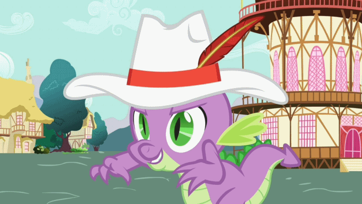 Size: 720x405 | Tagged: safe, screencap, character:spike, episode:secret of my excess, g4, my little pony: friendship is magic, animated, clothing, creepy, hat, nictitating membrane, pimp hat