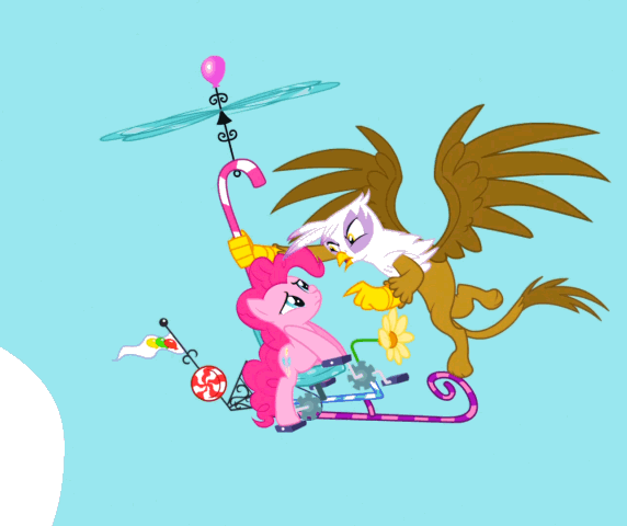 Size: 572x480 | Tagged: safe, screencap, character:gilda, character:pinkie pie, species:griffon, episode:griffon the brush-off, animated, flying contraption, helicopter, pedalcopter, pinkiecopter